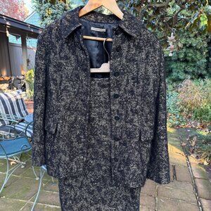 Bottega Veneta Blossom Chenille Bouclé tweed jacket skirt set in dark gold black